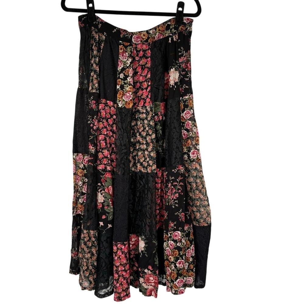 Vintage 90’s Floral Patchwork Mixed Media Midi Skirt Boho Indie Witchy Fall